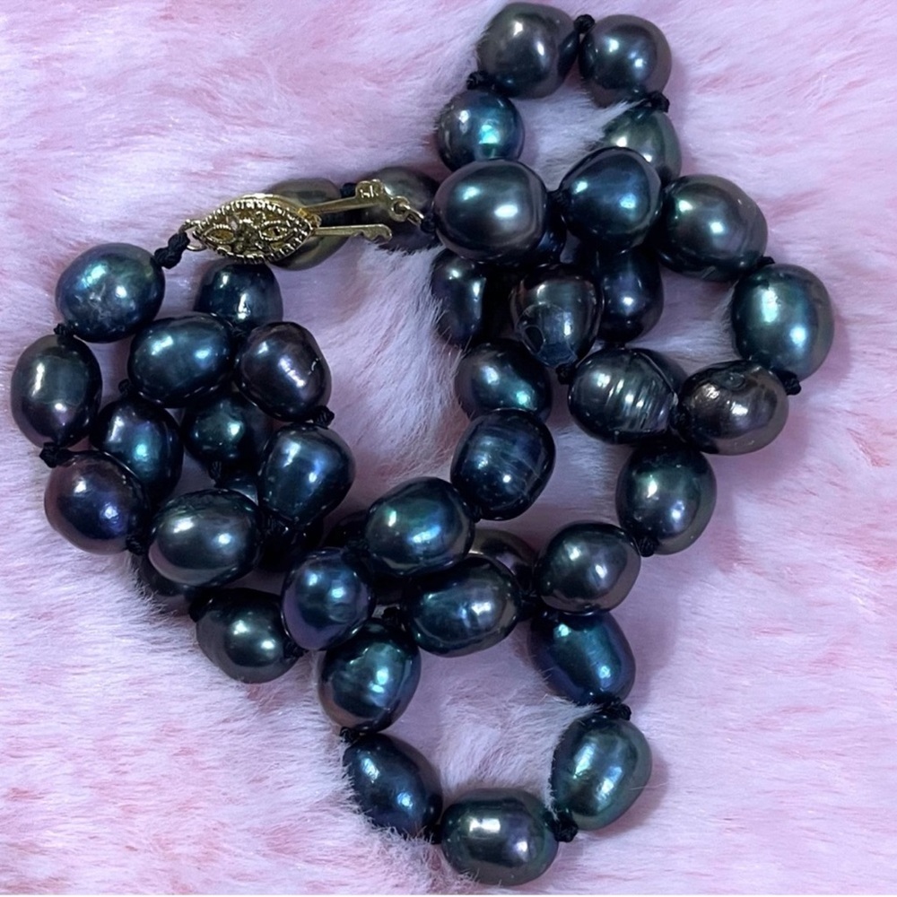 14K Gold Plated Genuine Baroque Black Green Tahitian Pearl Necklace 18”